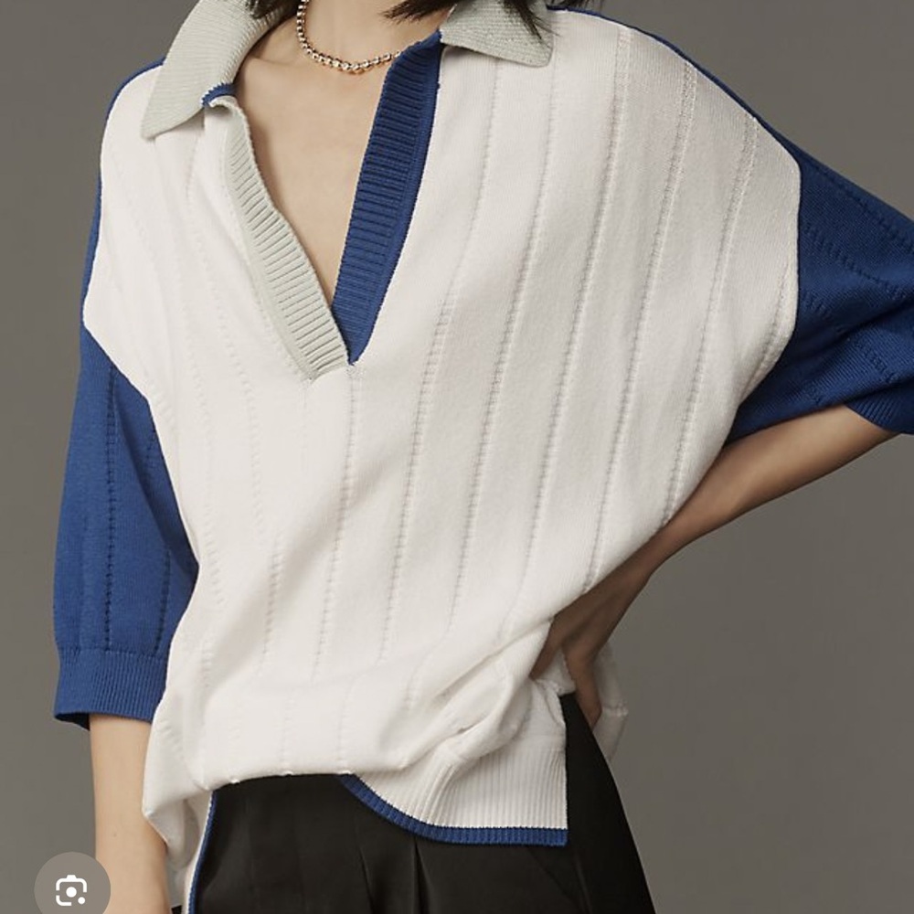 ANTHROPOLOGIE MAEVE COLLARED V-NECK SHORT-SLEEVE RUGBY SWEATER